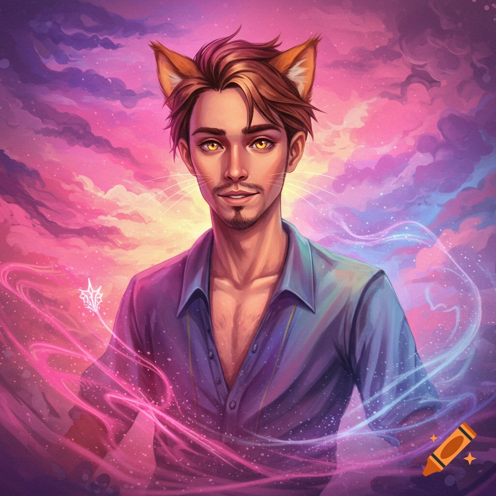 A man with cat ears and golden eyes is shown against a magical sunset sky.