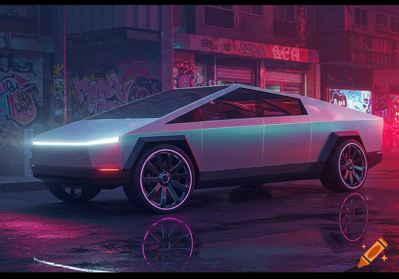 A futuristic silver truck is parked on a neon-lit city street at night.