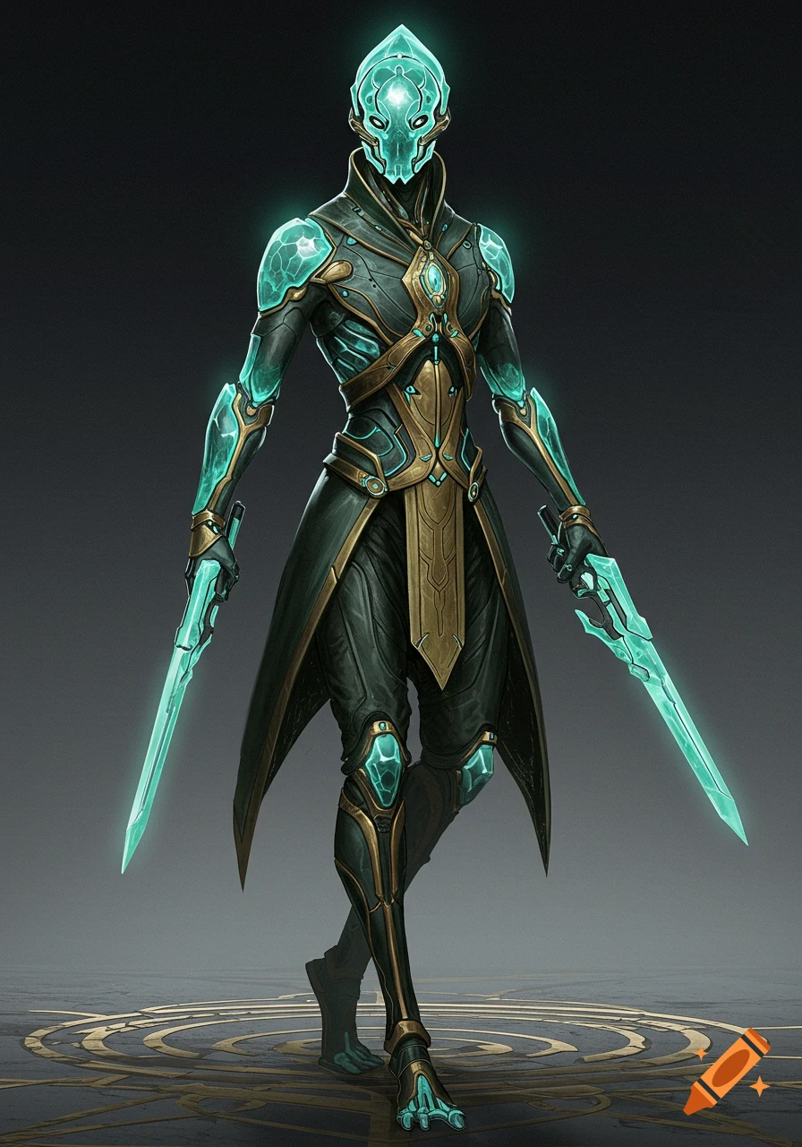 A futuristic character in dark and gold armor with glowing blue crystals, holding two glowing blades.