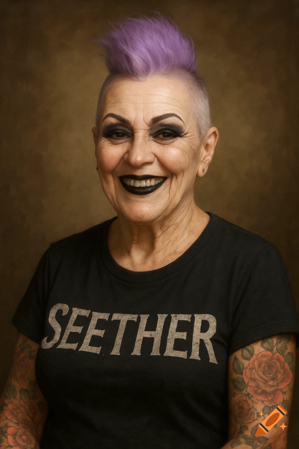 Studio portrait of a smiling older woman with a lilac mohawk, goth makeup, and floral arm tattoos, wearing a black Seether t-shirt.