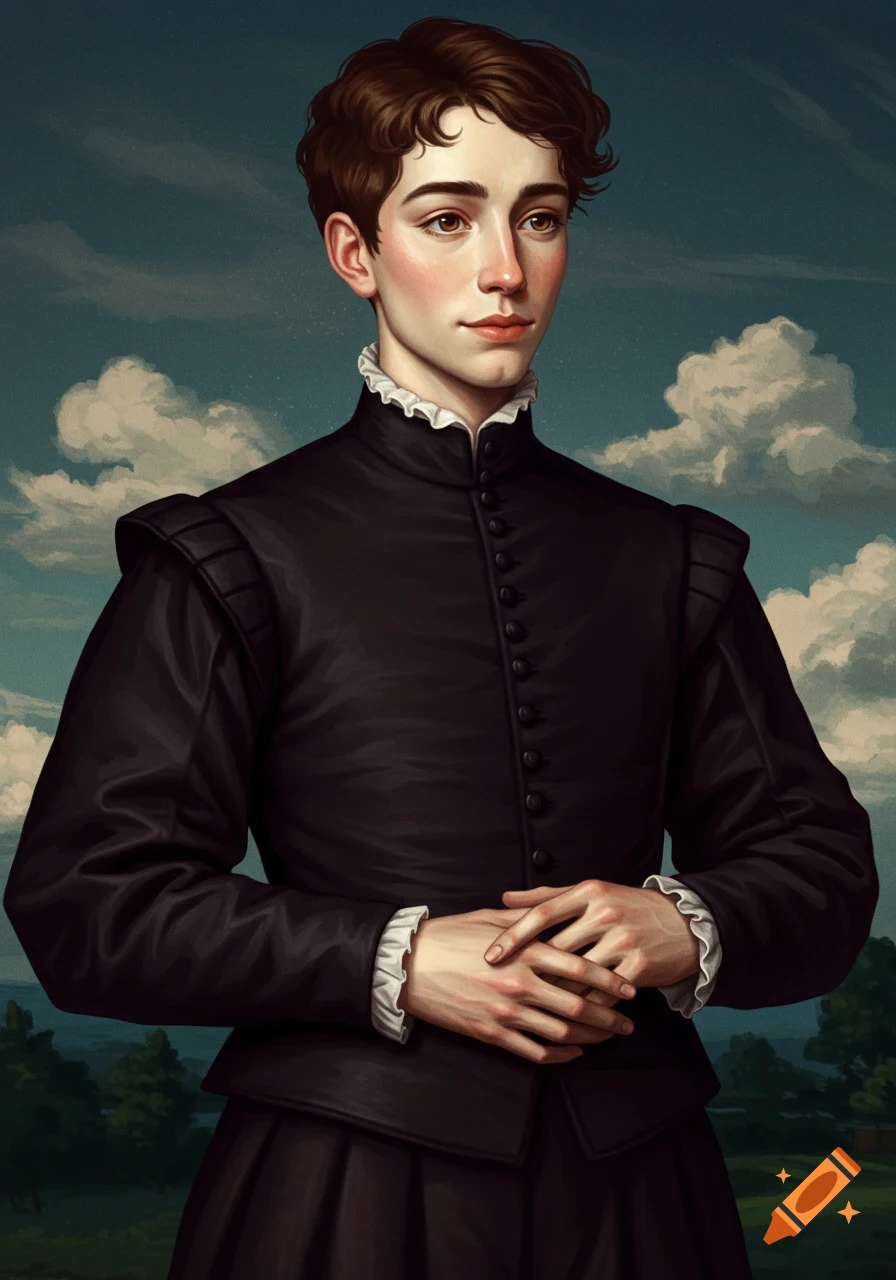 A young man in historical black clothing with a ruffled collar, hands clasped, stands against a cloudy sky.