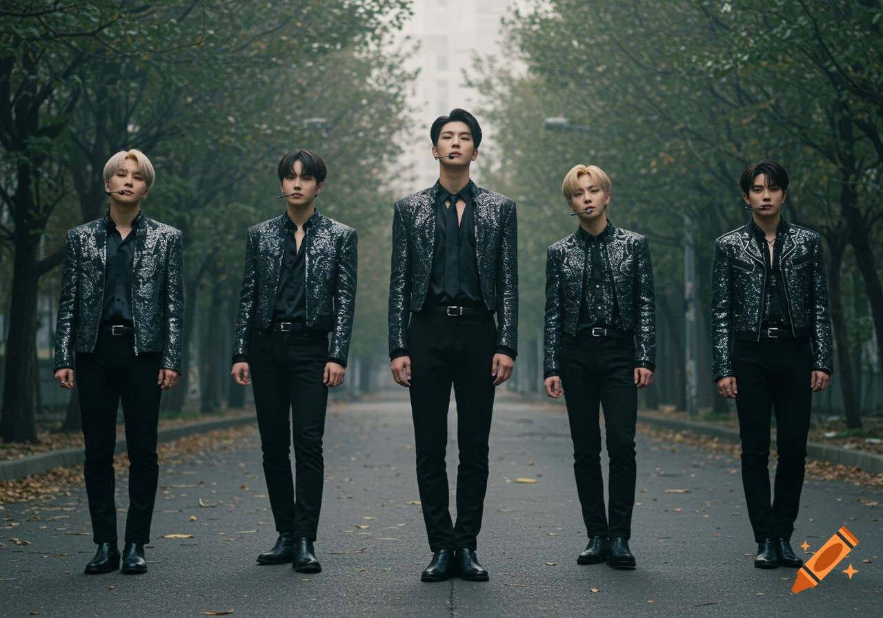 Five men in black and silver outfits stand on an abandoned street