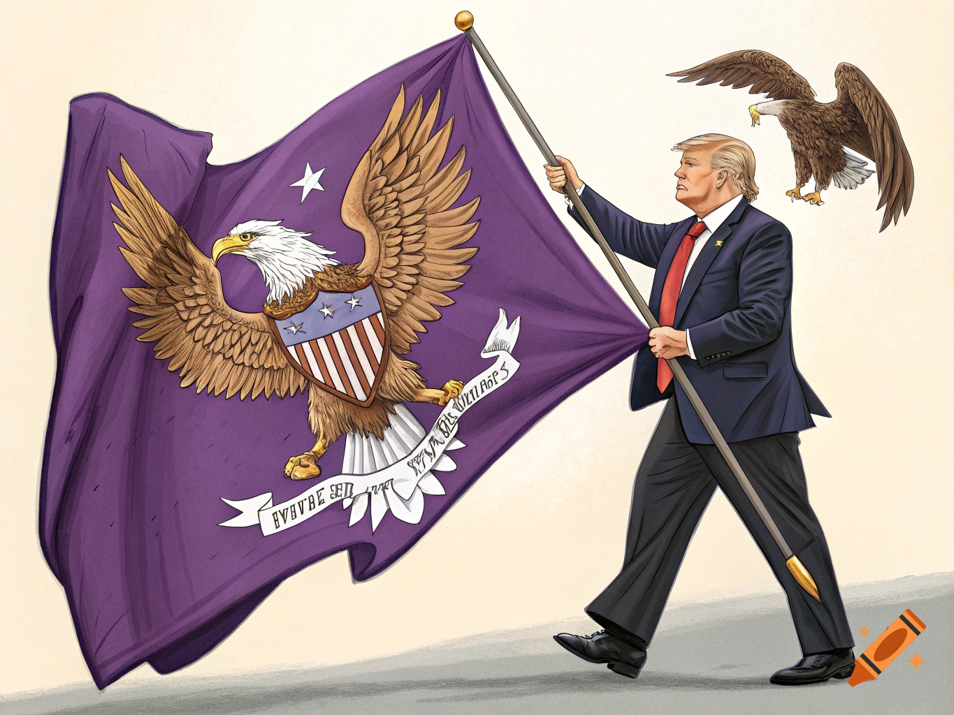 Illustration of Donald Trump holding a purple flag with an eagle emblem, with another eagle flying behind him.