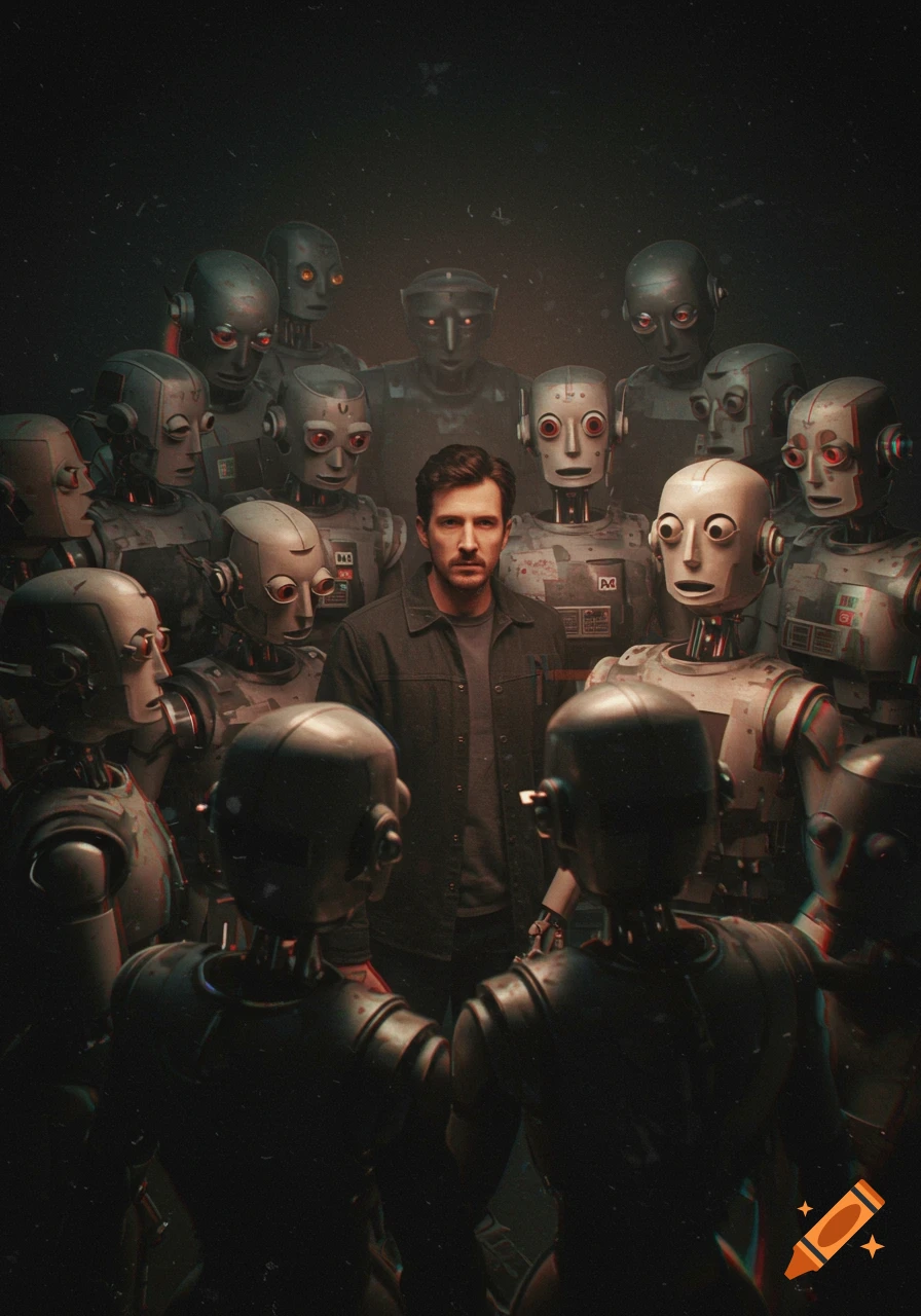 A man stands surrounded by photorealistic robots in a dark setting.