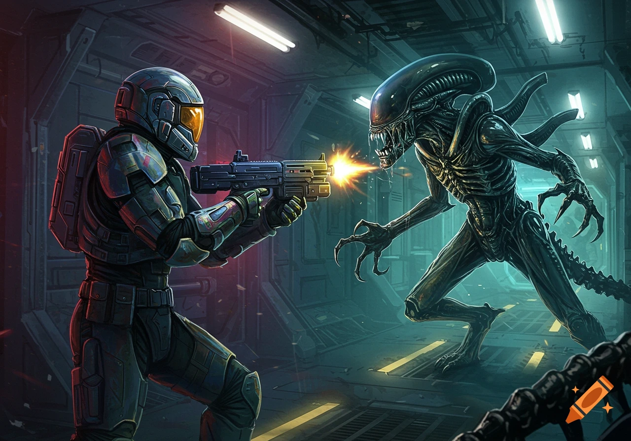 Space soldier shooting an alien in a futuristic corridor.