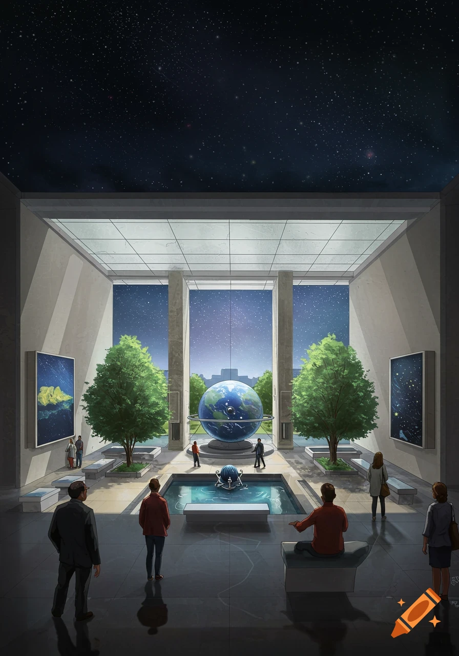 People look at a large globe or planetarium display in a modern museum atrium.