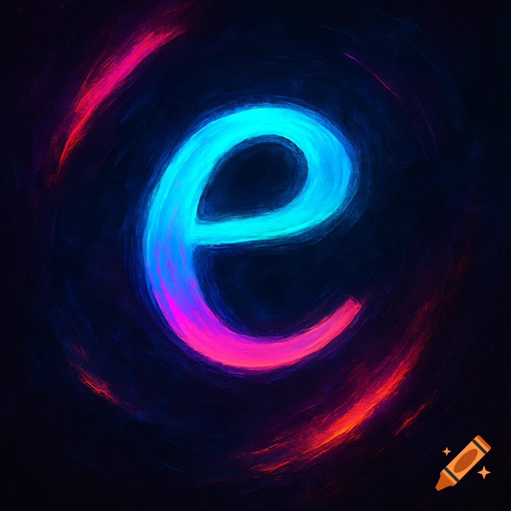 Stylized letter e in swirling neon blue, pink, and red on a dark background.