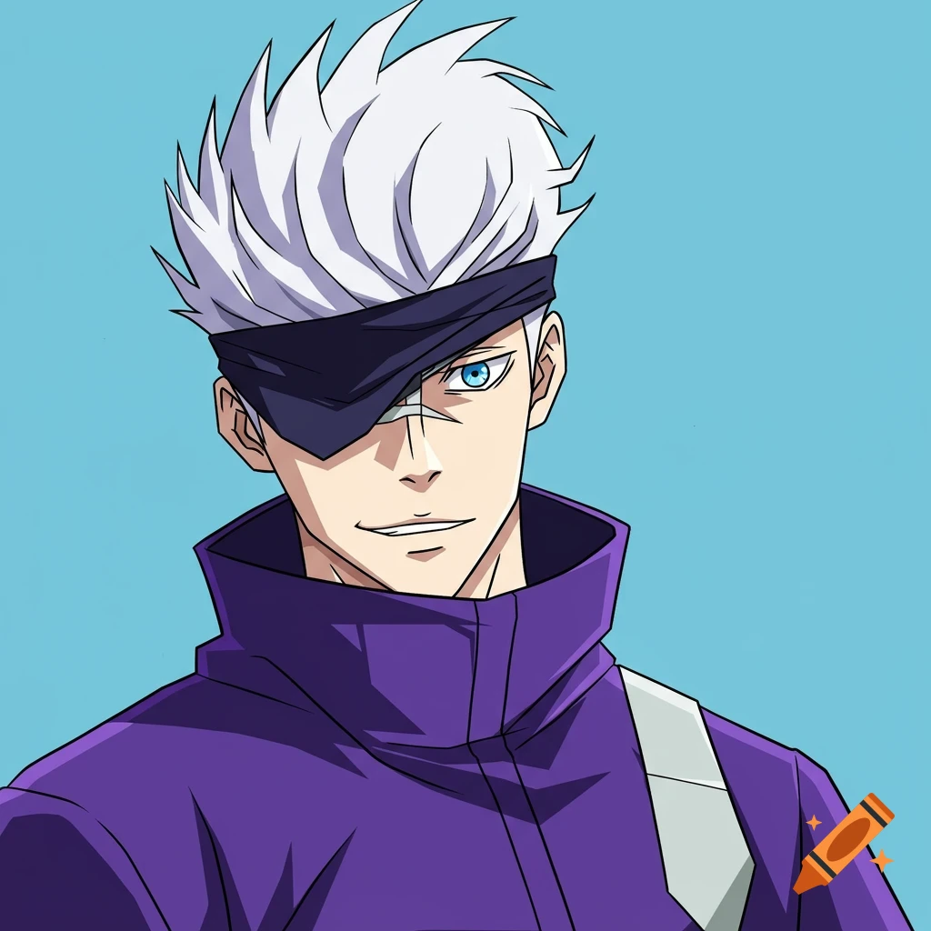 Anime style portrait of a male character with white spiky hair and a blindfold over one eye, wearing a purple jacket.