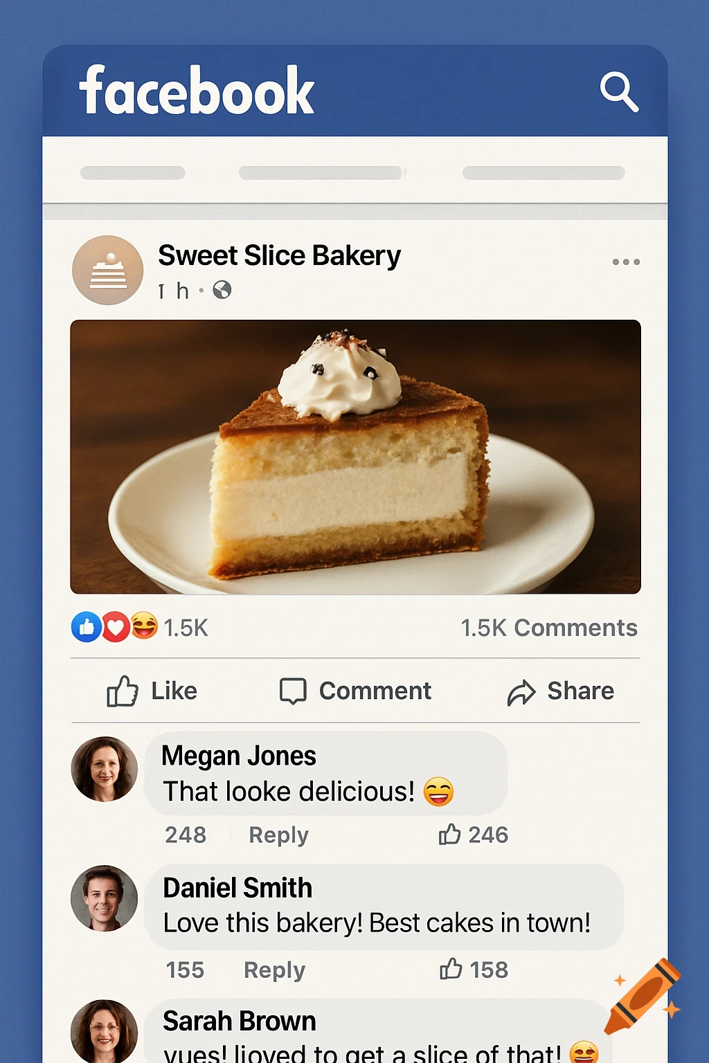 Simulated Facebook feed post showing a slice of cake from Sweet Slice Bakery with comments.