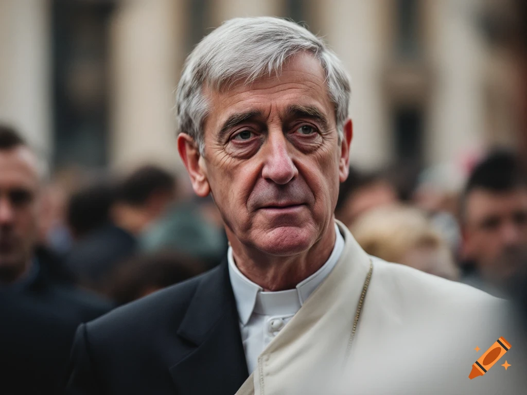 Close-up portrait of an older man in a suit and religious vestment among a blurred crowd.