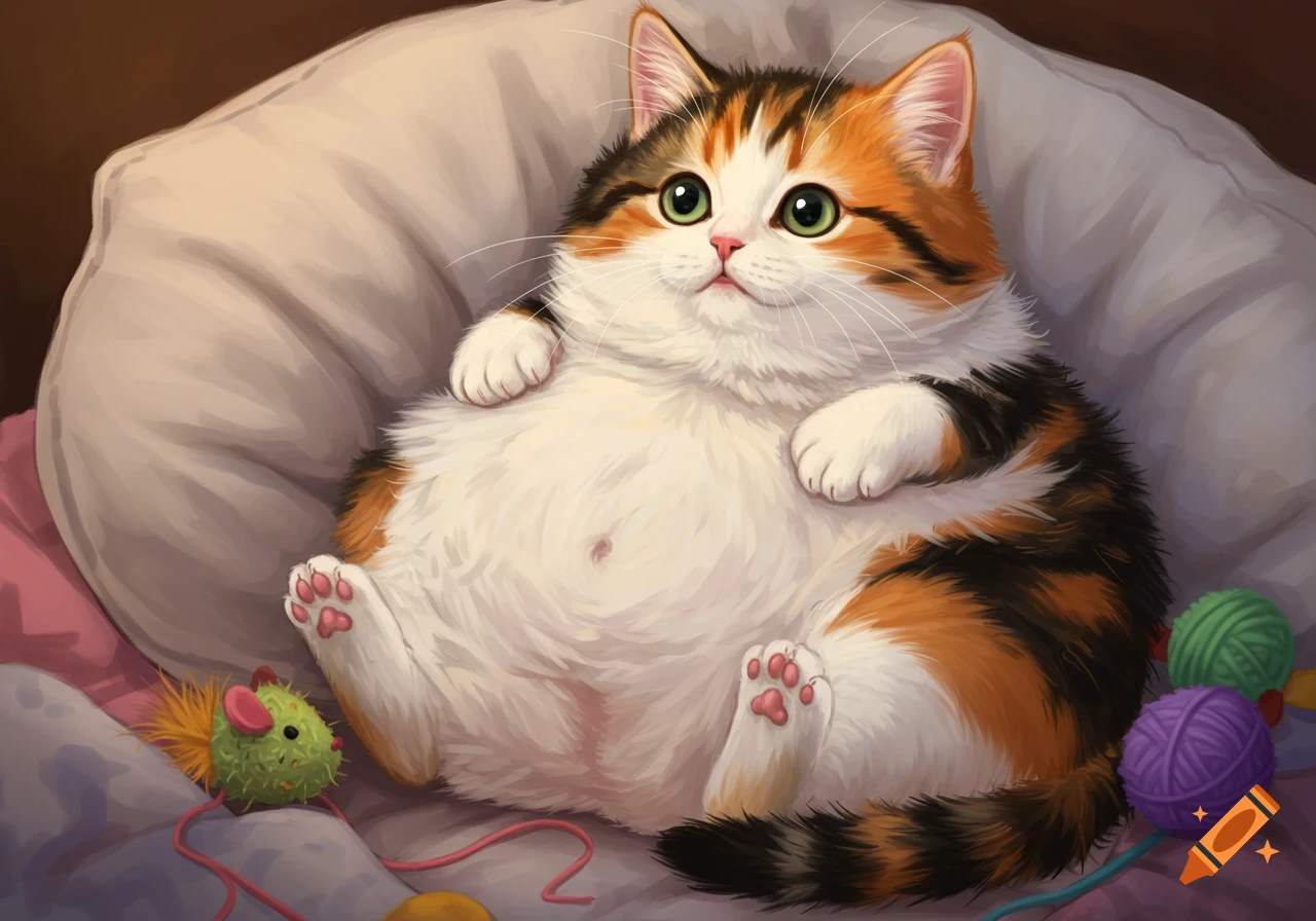 A fat calico kitten lays on a pillow with toys.