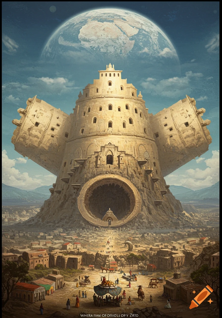 A massive, ancient-looking circular structure with large extending arms sits on a hill overlooking a city, with a large planet visible in the sky.