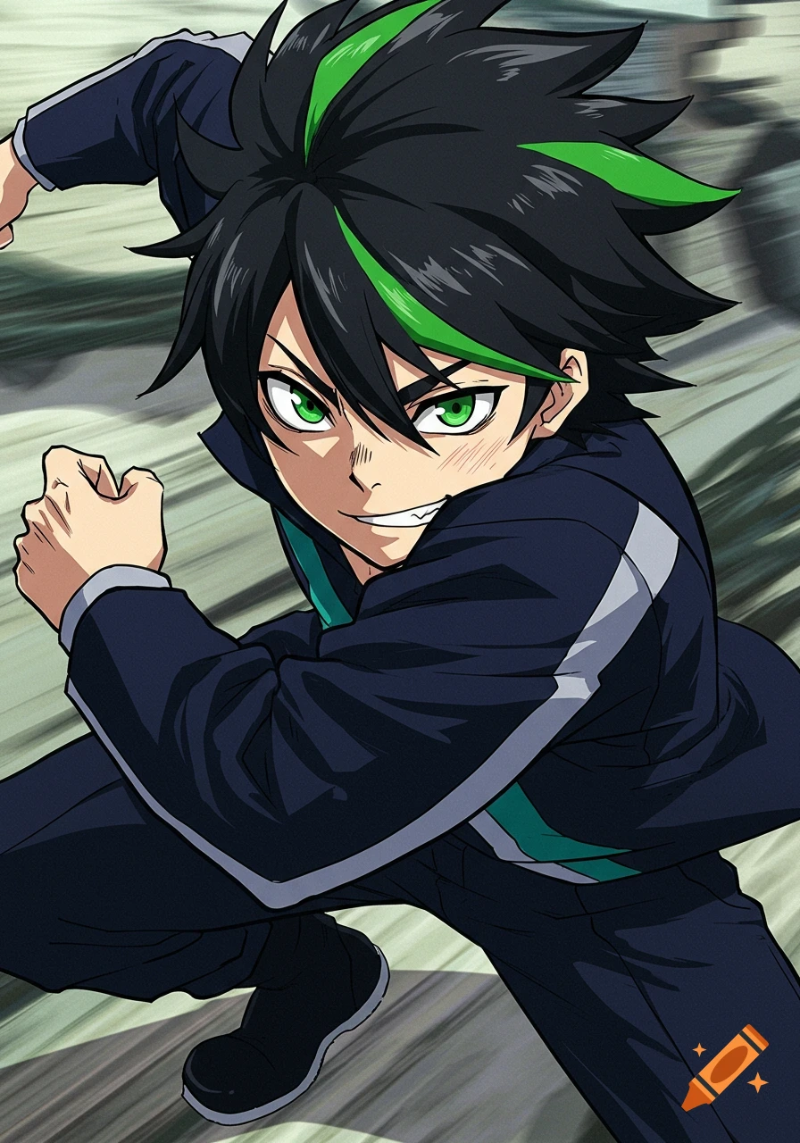 An anime character with black hair and green highlights in a dark tracksuit, in a dynamic pose.