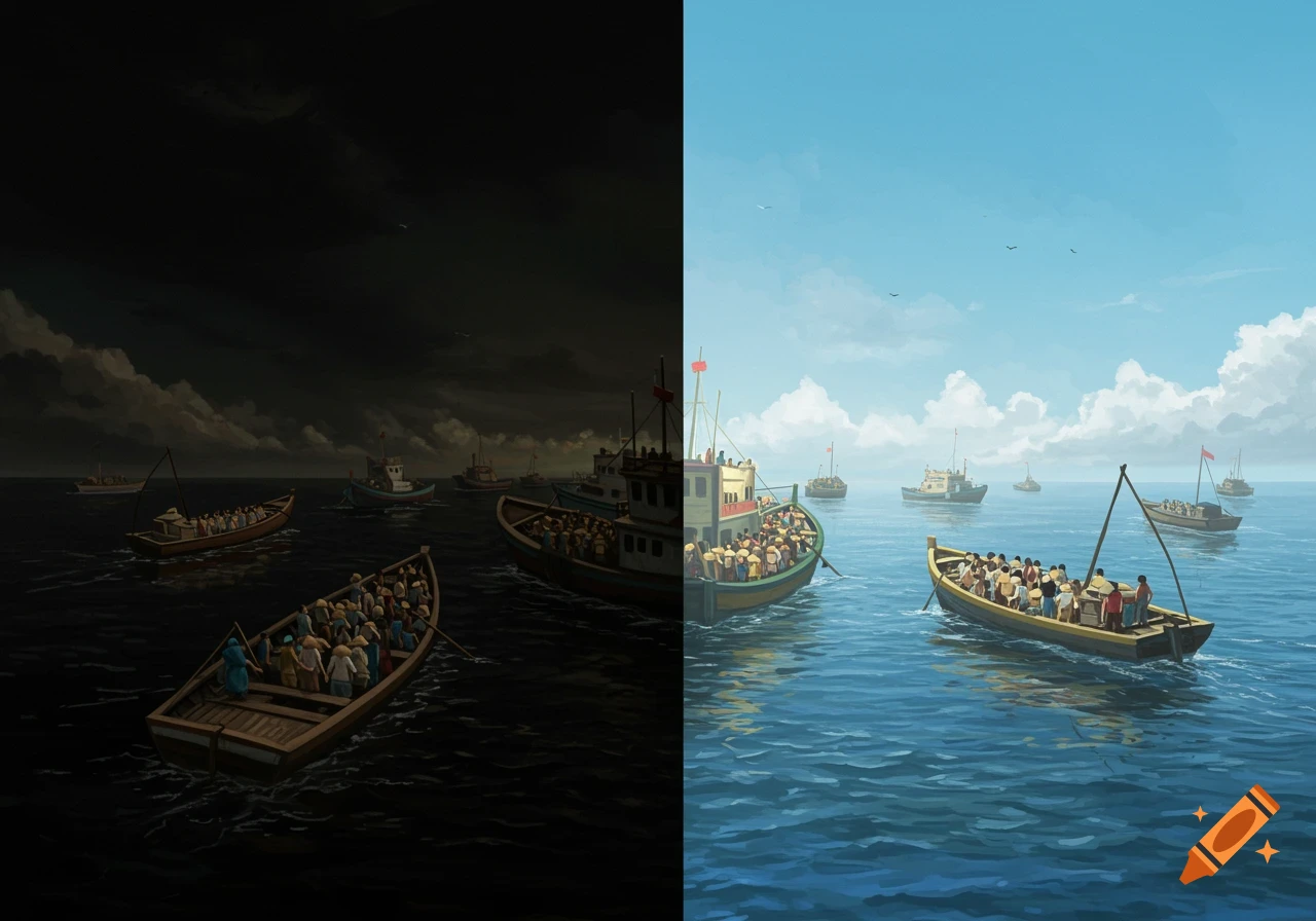 Boats filled with people on a split sea: dark and stormy on the left, bright and clear on the right.
