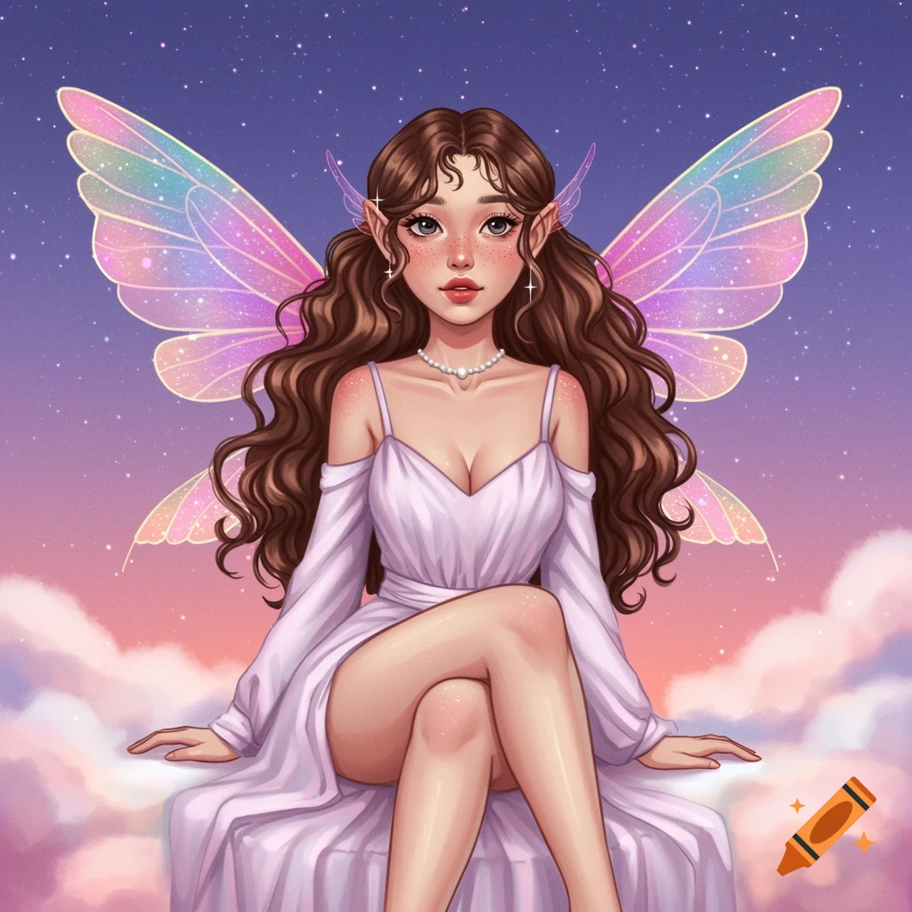 A brown-haired fairy with pastel wings sits on a cloud under a starry sky.