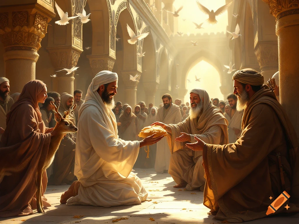 Figures in an ancient courtyard with doves and a deer, golden light streams through arches.