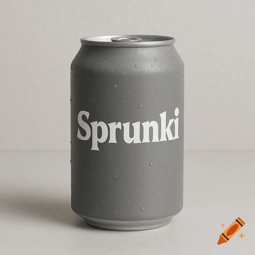 A grey soda can with water droplets, labeled Sprunki.