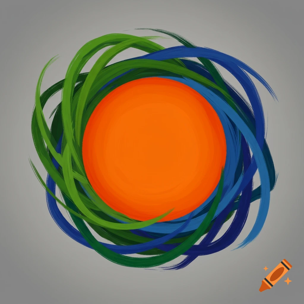 An orange circle surrounded by swirling green and blue brushstrokes.