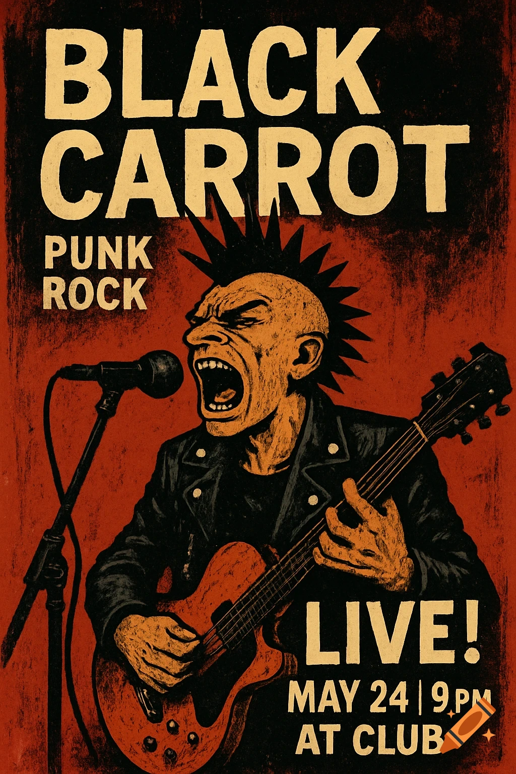 Punk rock concert poster featuring a musician singing and playing guitar in a distressed illustration style.