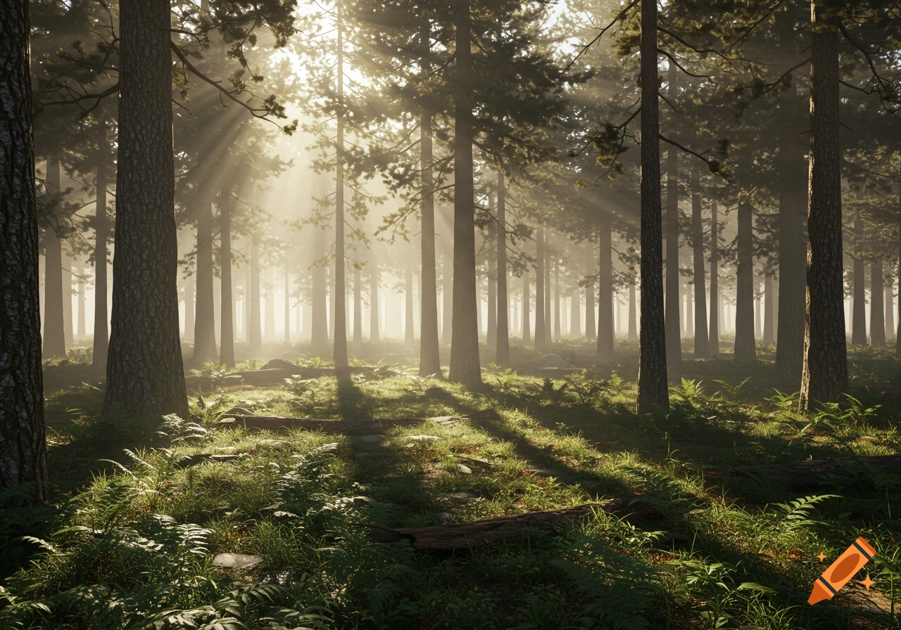 Photorealistic image of sun rays filtering through trees in a dense forest.