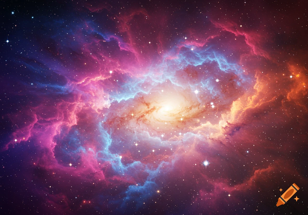 A colorful galaxy with swirling nebula clouds and stars.
