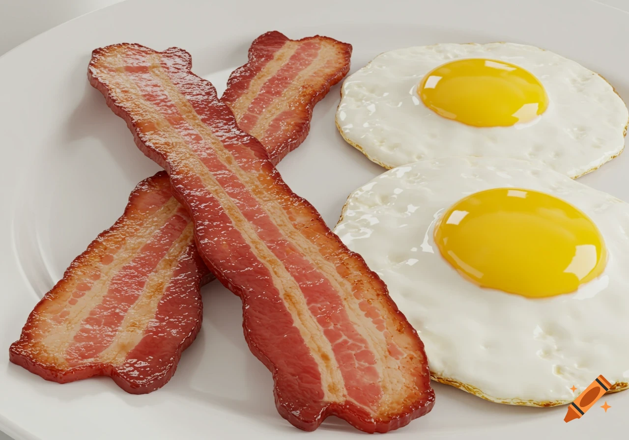 Two strips of bacon and two fried eggs on a white plate.