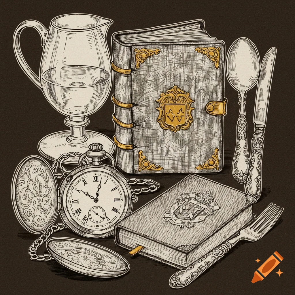 Vintage illustrated line art of books, a pocket watch, jug, and cutlery.