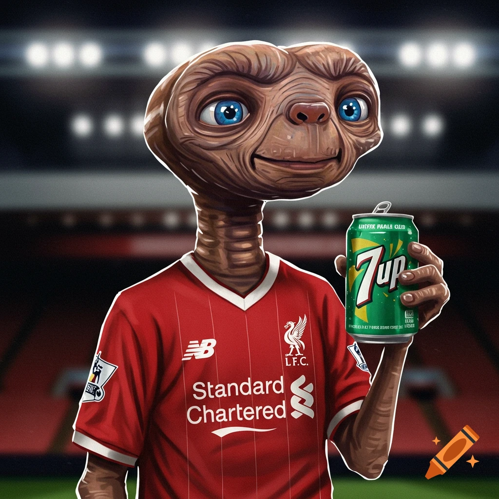 E.T. wearing a red Liverpool football shirt and holding a can of 7up in a stadium.