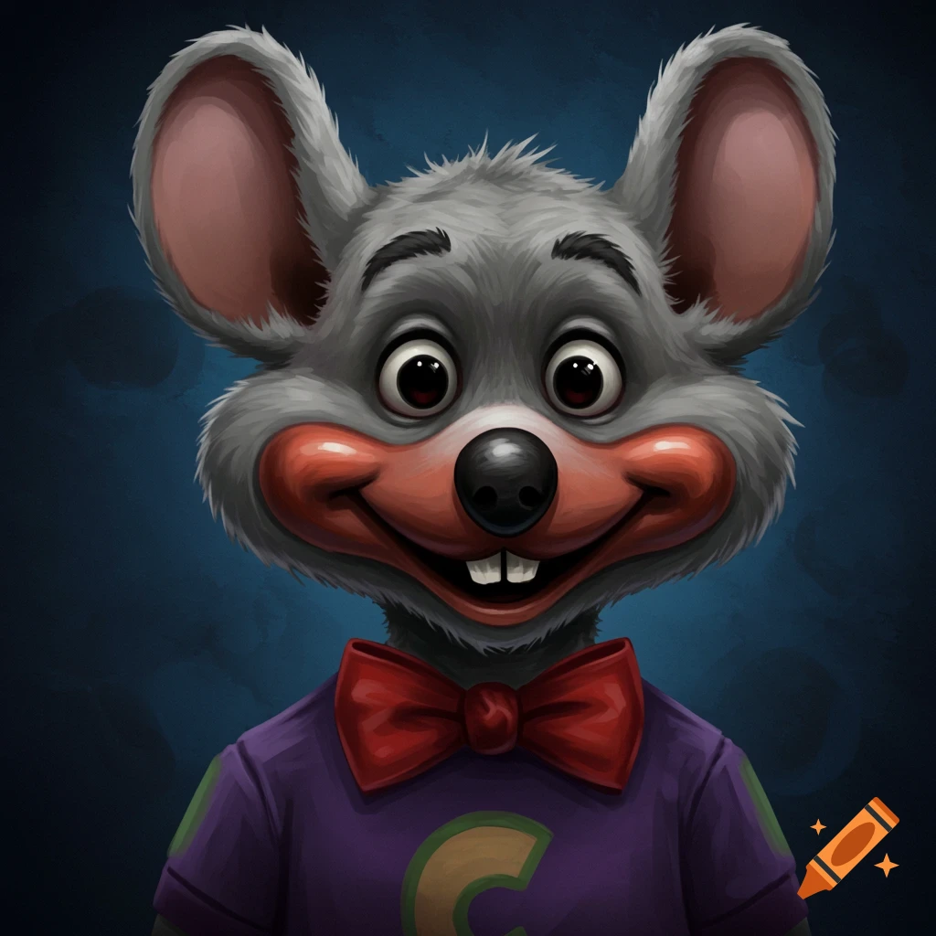 A portrait of a gray mouse mascot wearing a purple shirt with a 'C' logo and a red bow tie.