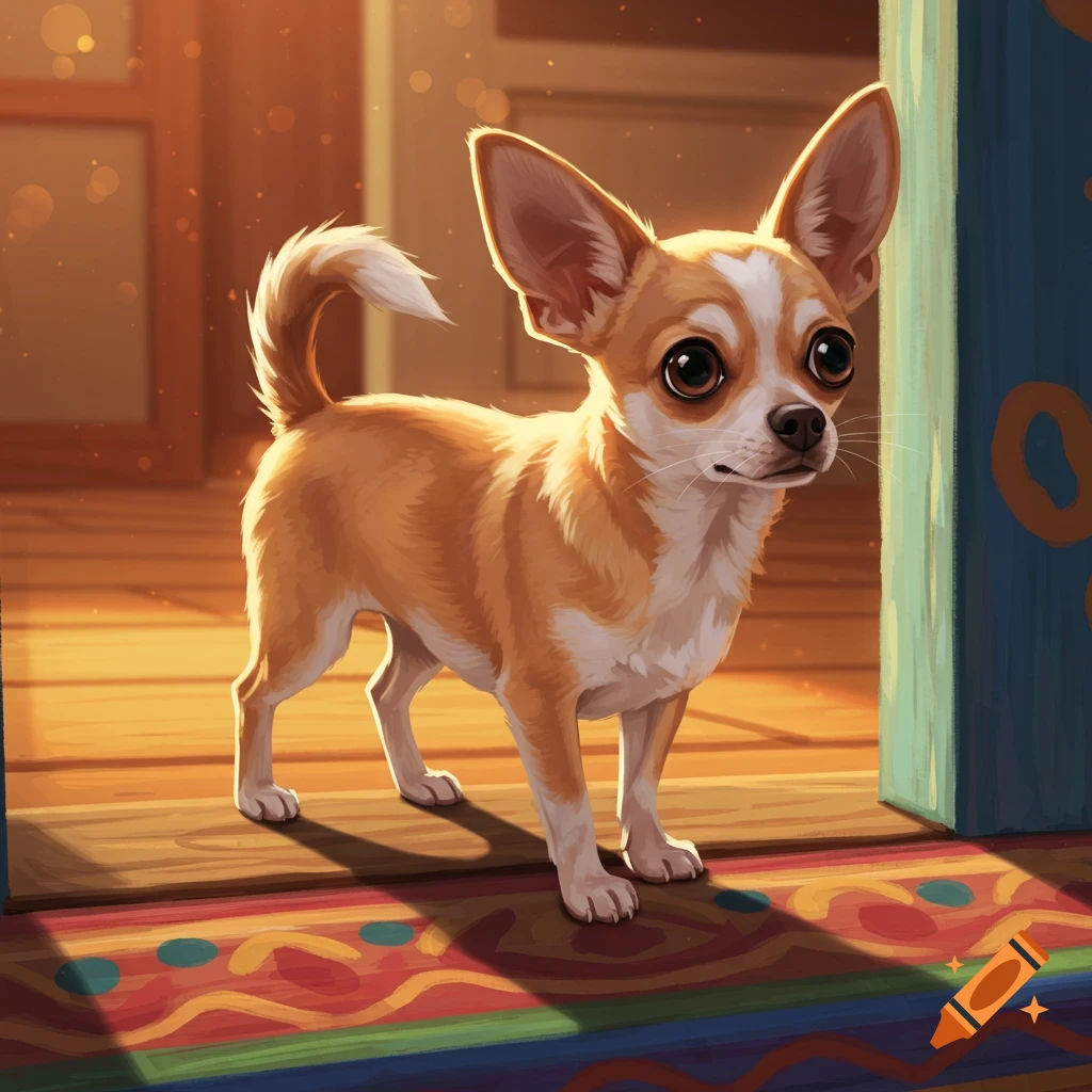A chihuahua standing at a door threshold on a colorful rug.