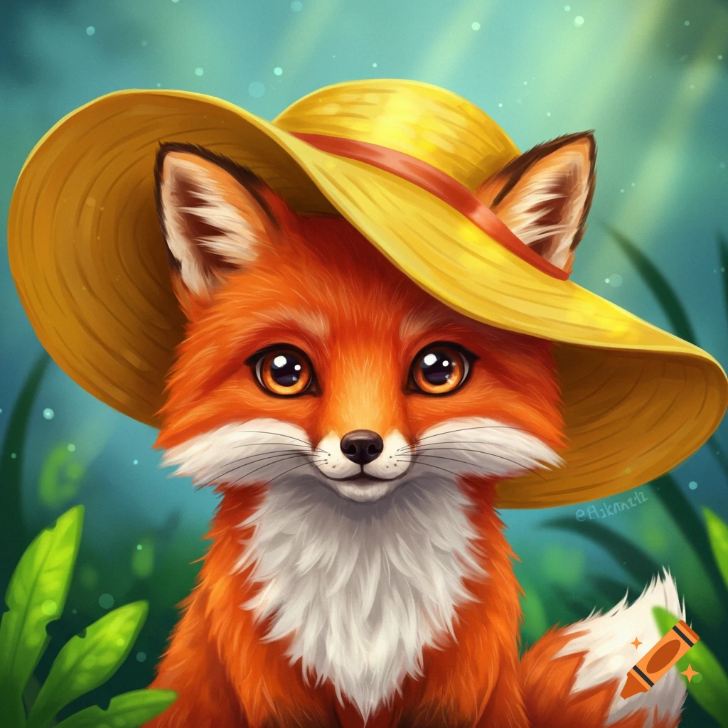 A cute red fox wearing a yellow hat in a forest.
