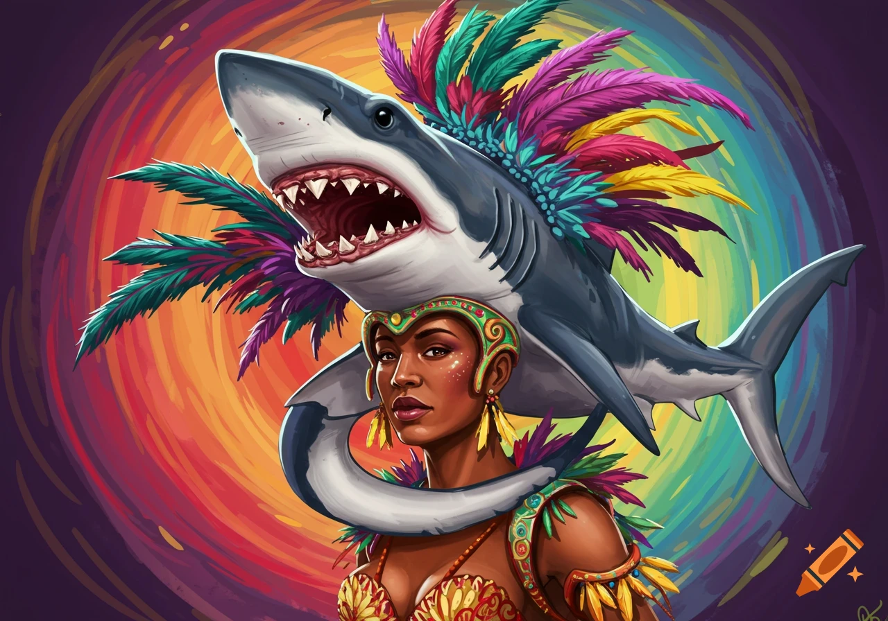 A woman in carnival costume with a vibrant shark headdress/shawl against a rainbow background.