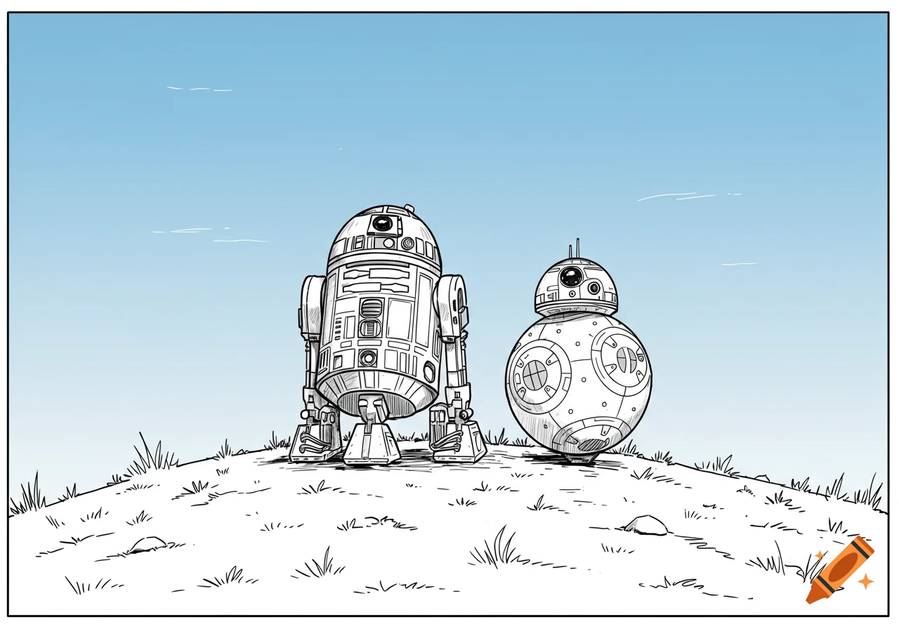 Line drawing of R2D2 and BB8 standing on a grassy hill under a clear sky.