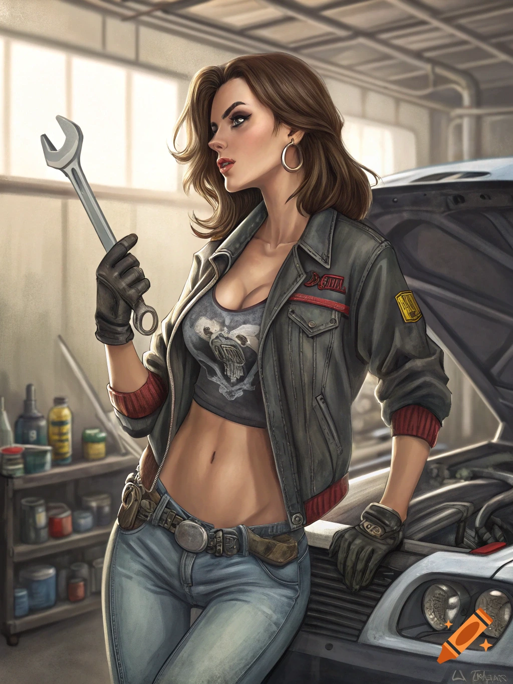 Stylized illustration of a woman mechanic in a garage holding a wrench and leaning on a car.