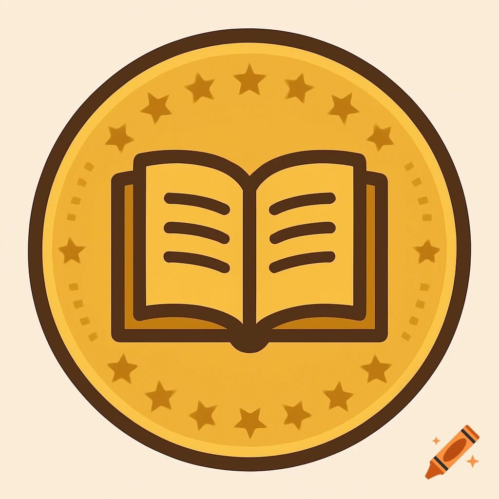 A vector icon of an open book on a gold coin surrounded by stars.