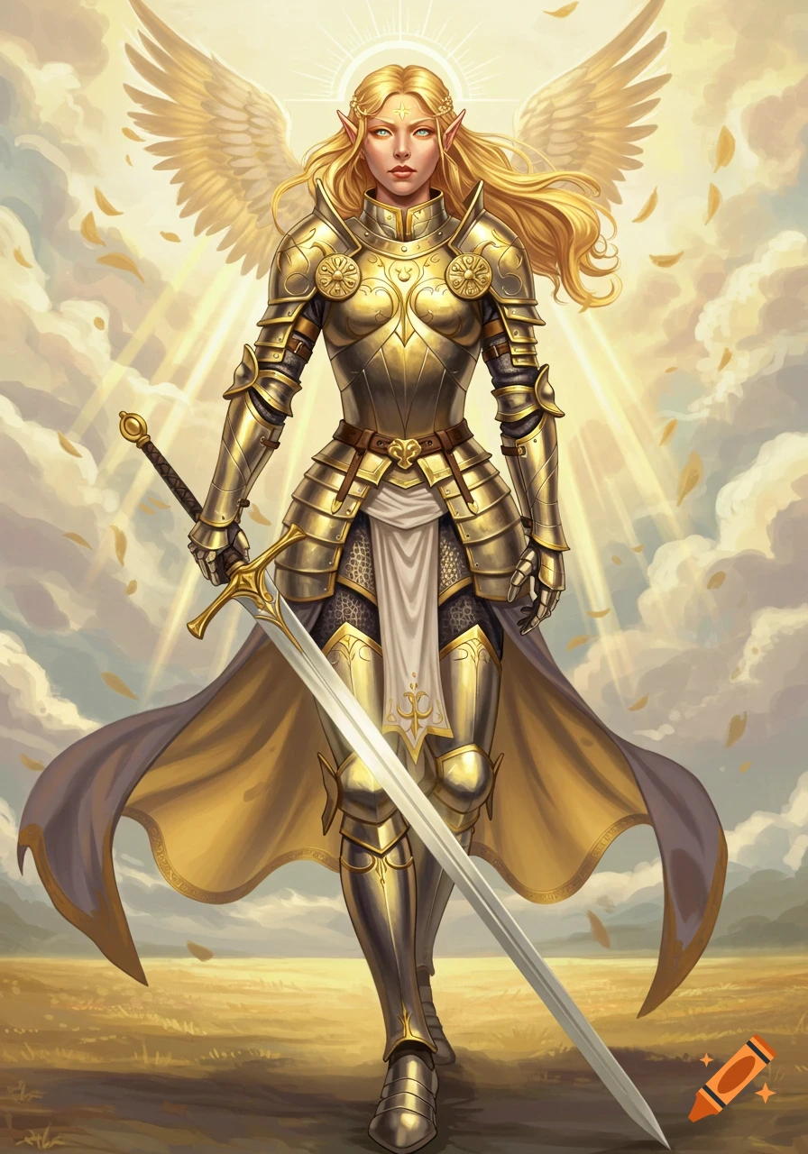 A female fantasy character in golden armor with wings and a sword stands in a field under a cloudy, sunlit sky.