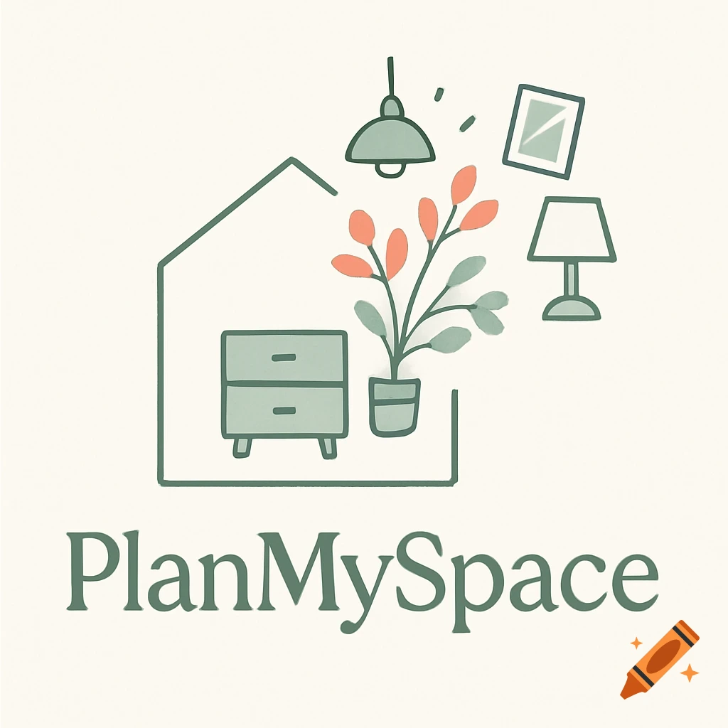 PlanMySpace logo illustration with furniture and plant inside a house outline.