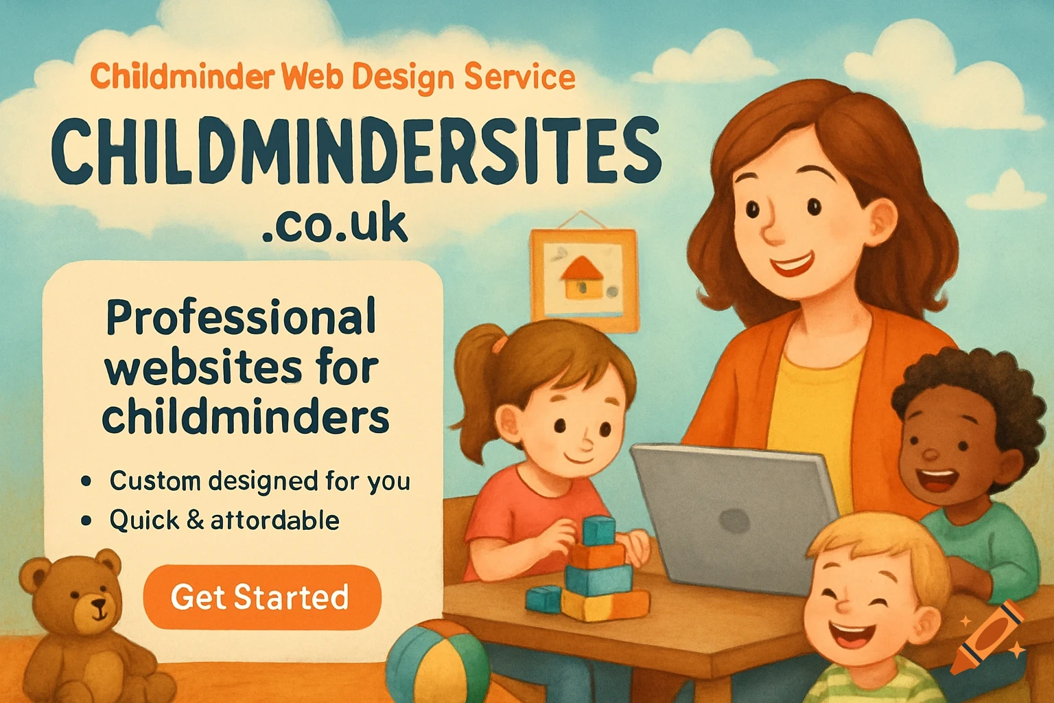 A childminder and children are using a laptop, advertising a childminder web design service.