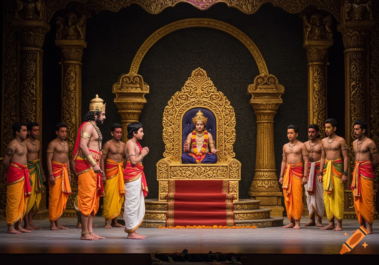 Theatrical scene of Hindu mythological figures on a stage with a golden throne.