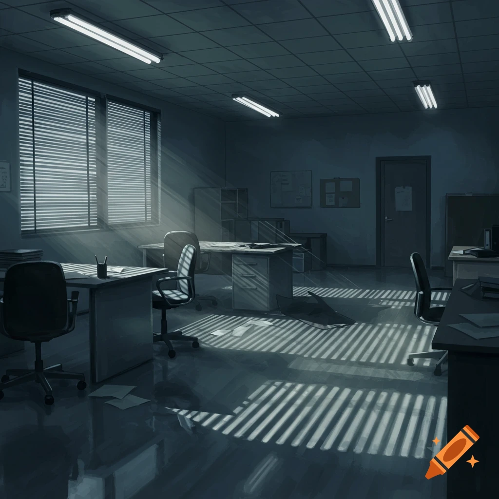 Empty office room with sunlight streaming through blinds