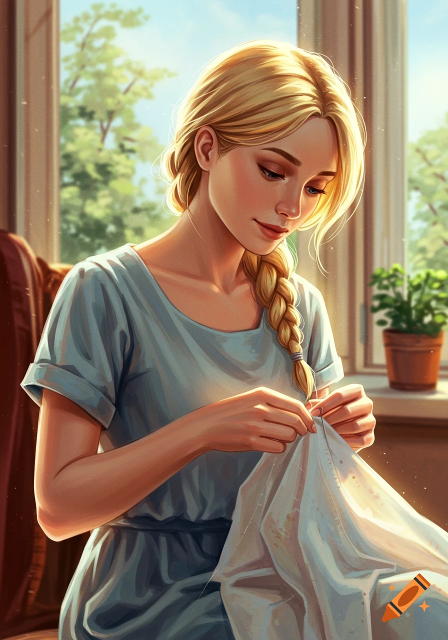 A blond woman with a braid sewing by a sunny window.