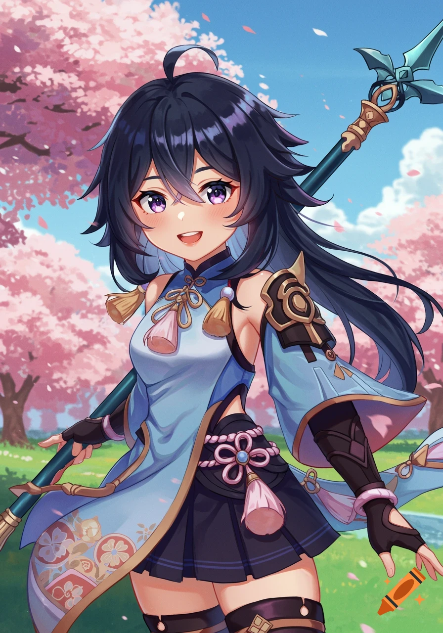 Anime girl with dark hair and purple eyes holds a polearm in a cherry blossom field, bright illustration