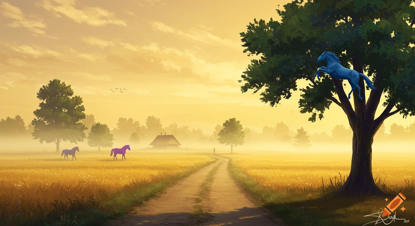Dreamlike misty golden hour landscape with path, distant house, horses on ground, and a blue horse jumping from a tree.