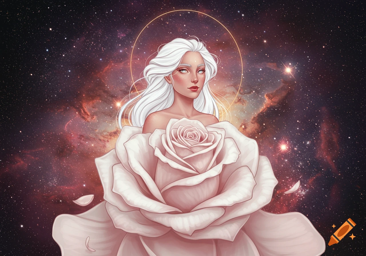 Painting of a woman with white hair in a white rose against a galaxy background.