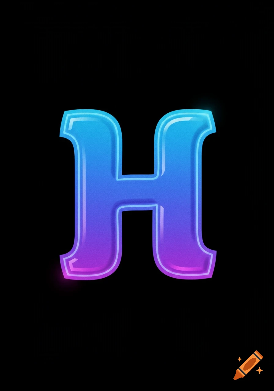 Stylized capital letter H with blue and purple gradient and neon outline on black background