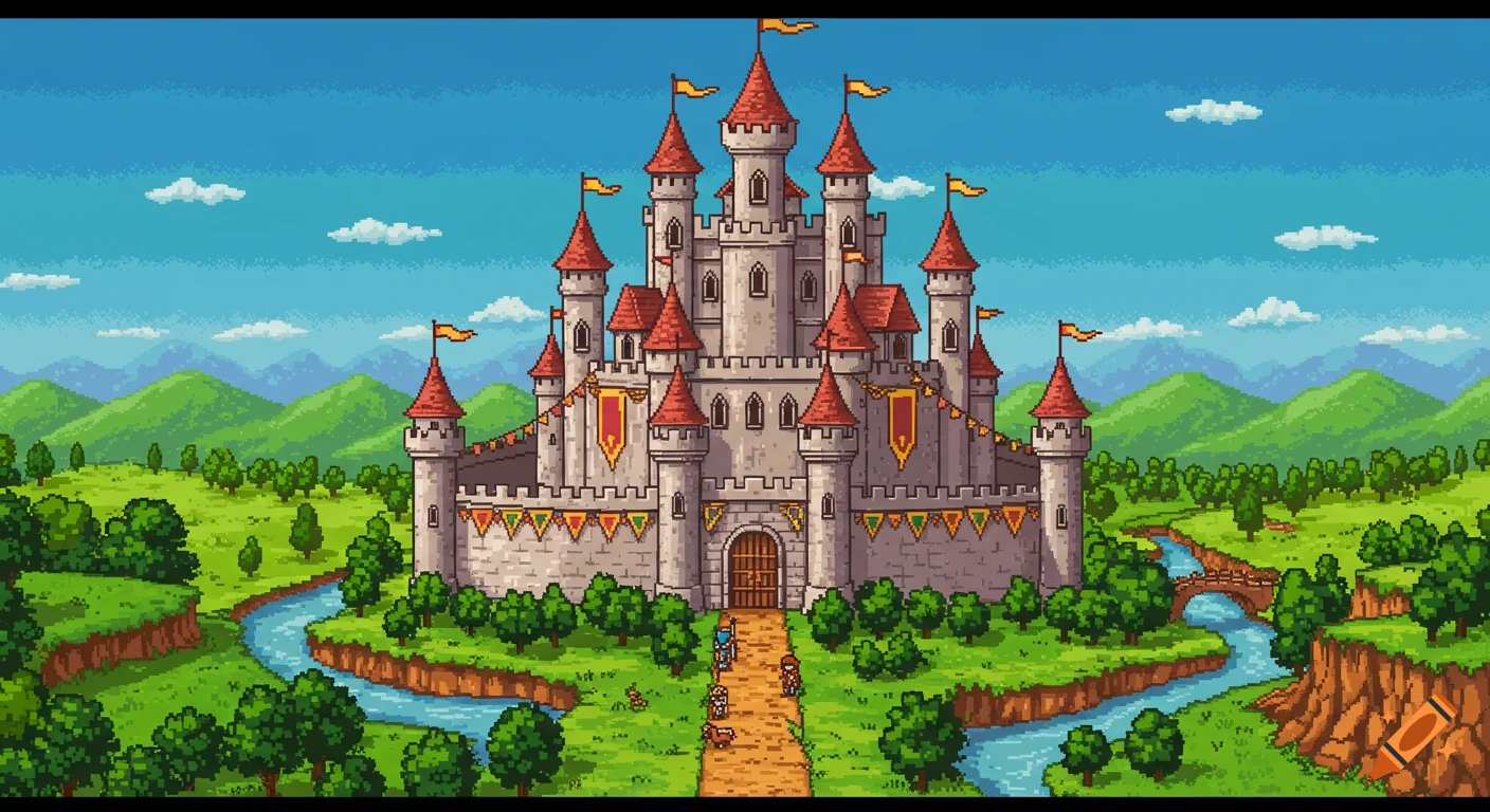 Pixel art fantasy castle surrounded by a landscape with hills, trees, and a river.