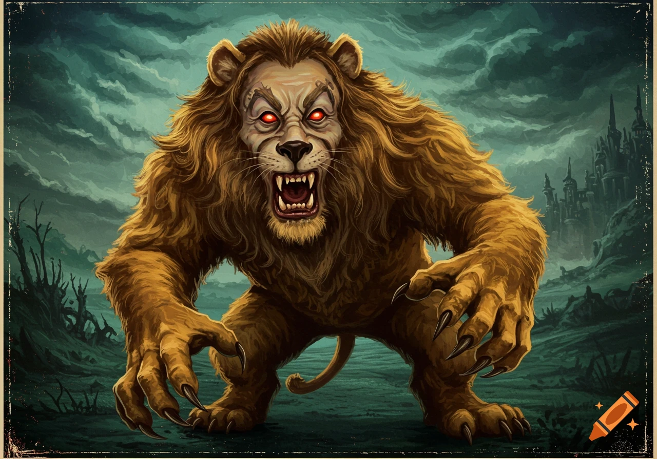 Scary, monstrous creature with lion-like features and red eyes, posed aggressively in a dark landscape.
