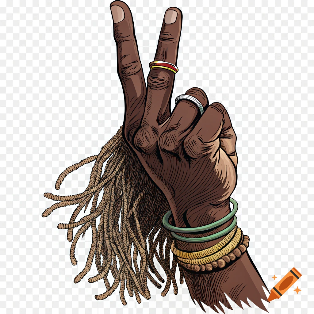 Illustration of a dark-skinned hand making a peace sign with dreadlocks and jewelry.