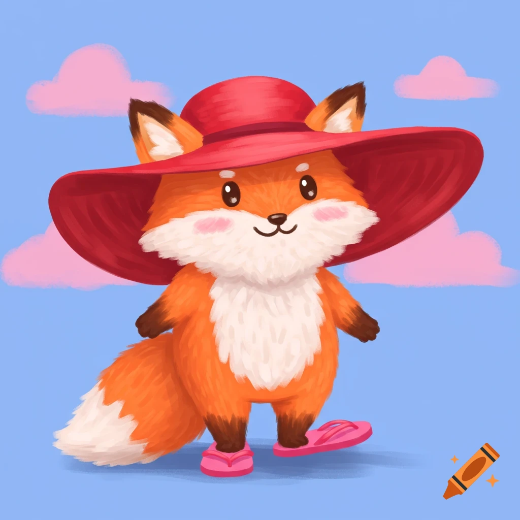 Cute cartoon fox wearing a red hat and pink flip-flops against a blue sky with clouds.