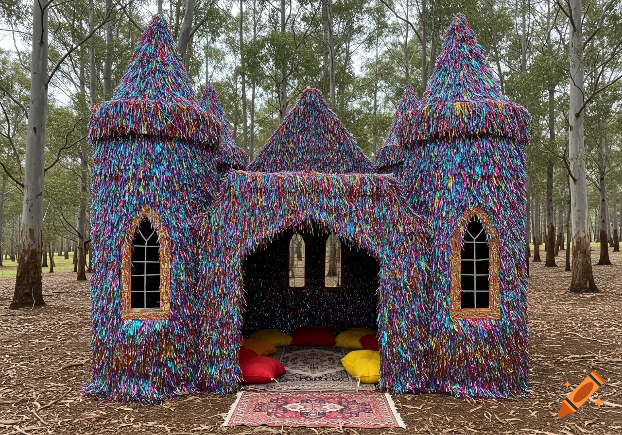 A structure resembling a castle covered in bright multicolored tinsel fringe sits in a eucalyptus forest with a rug and cushions inside.
